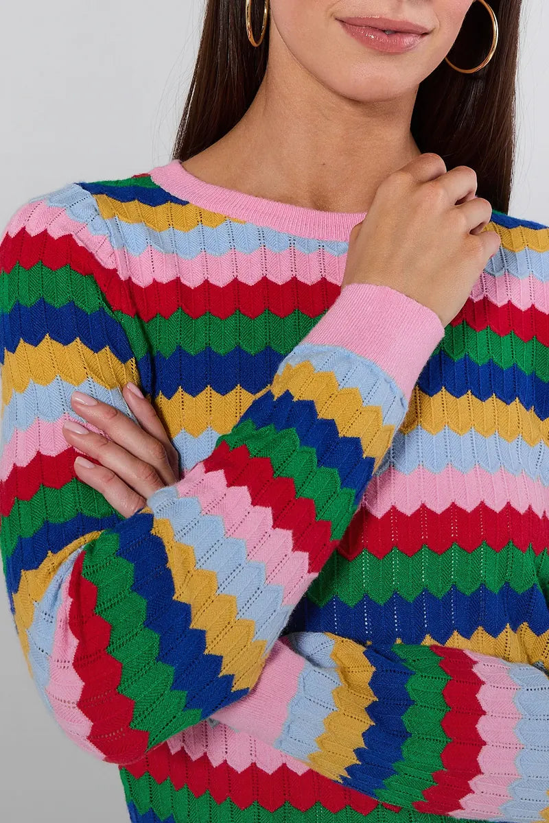Multicolored striped sweater worn by a person on a plain background