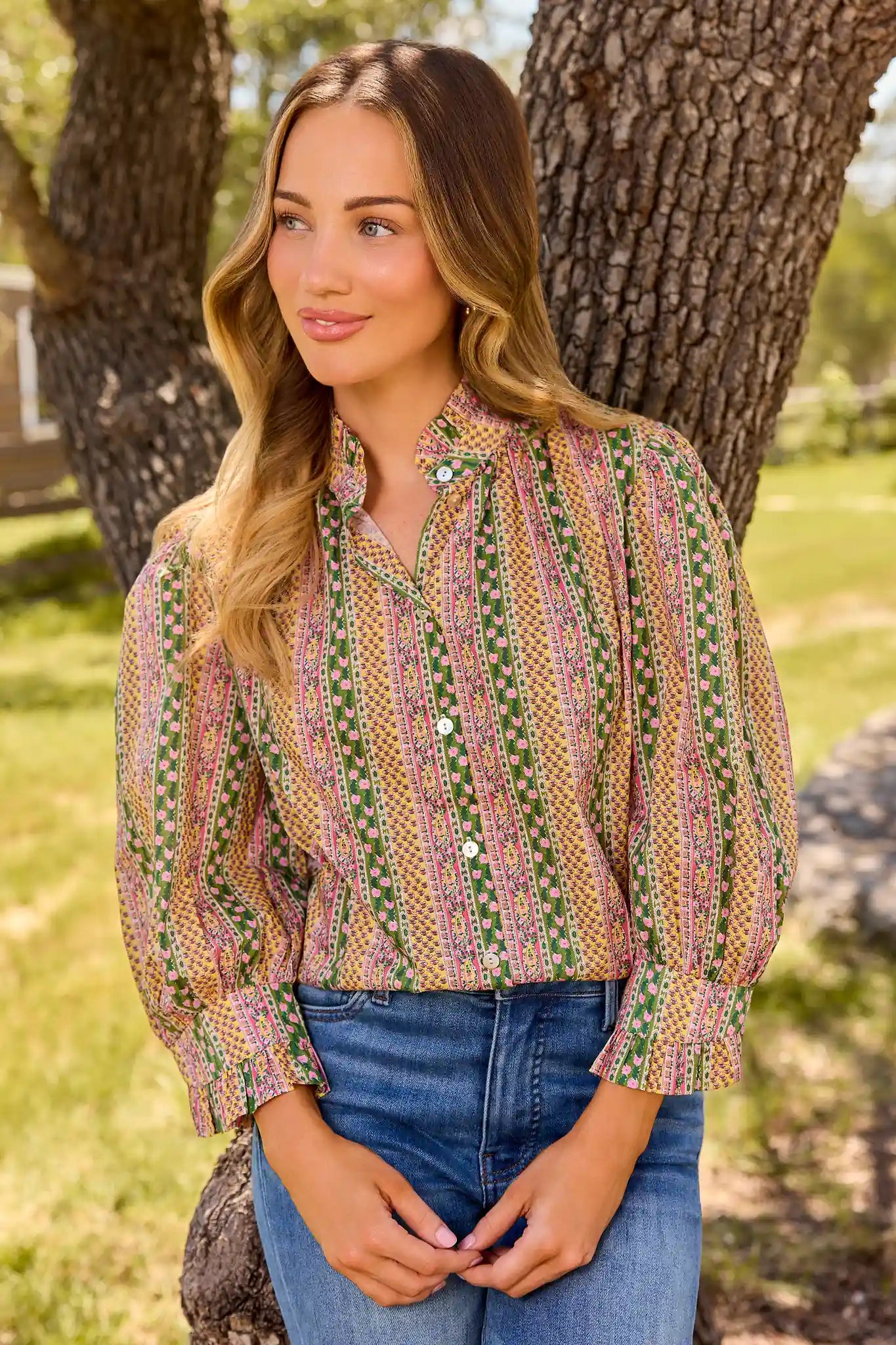 Multi Floral Printed Ruffle Collar Top