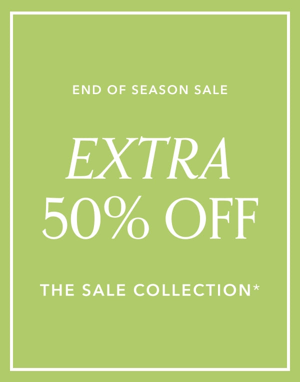 A promotional sale graphic with a light green background and white text reading 'END OF SEASON SALE', 'EXTRA 50% OFF', and 'THE SALE COLLECTION*'. navigation