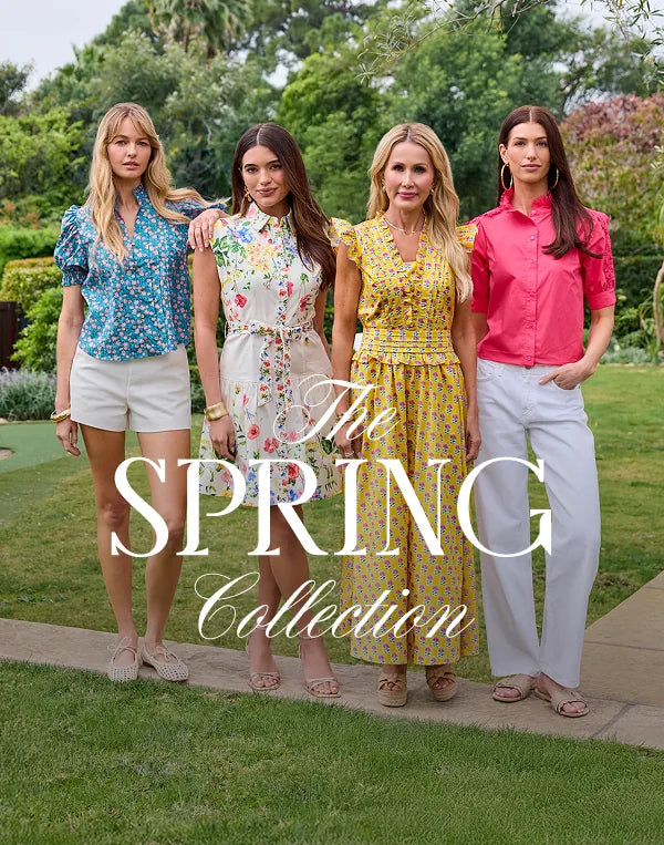 Four women in colorful spring clothing standing on a grassy path with 'The Spring Collection' text.