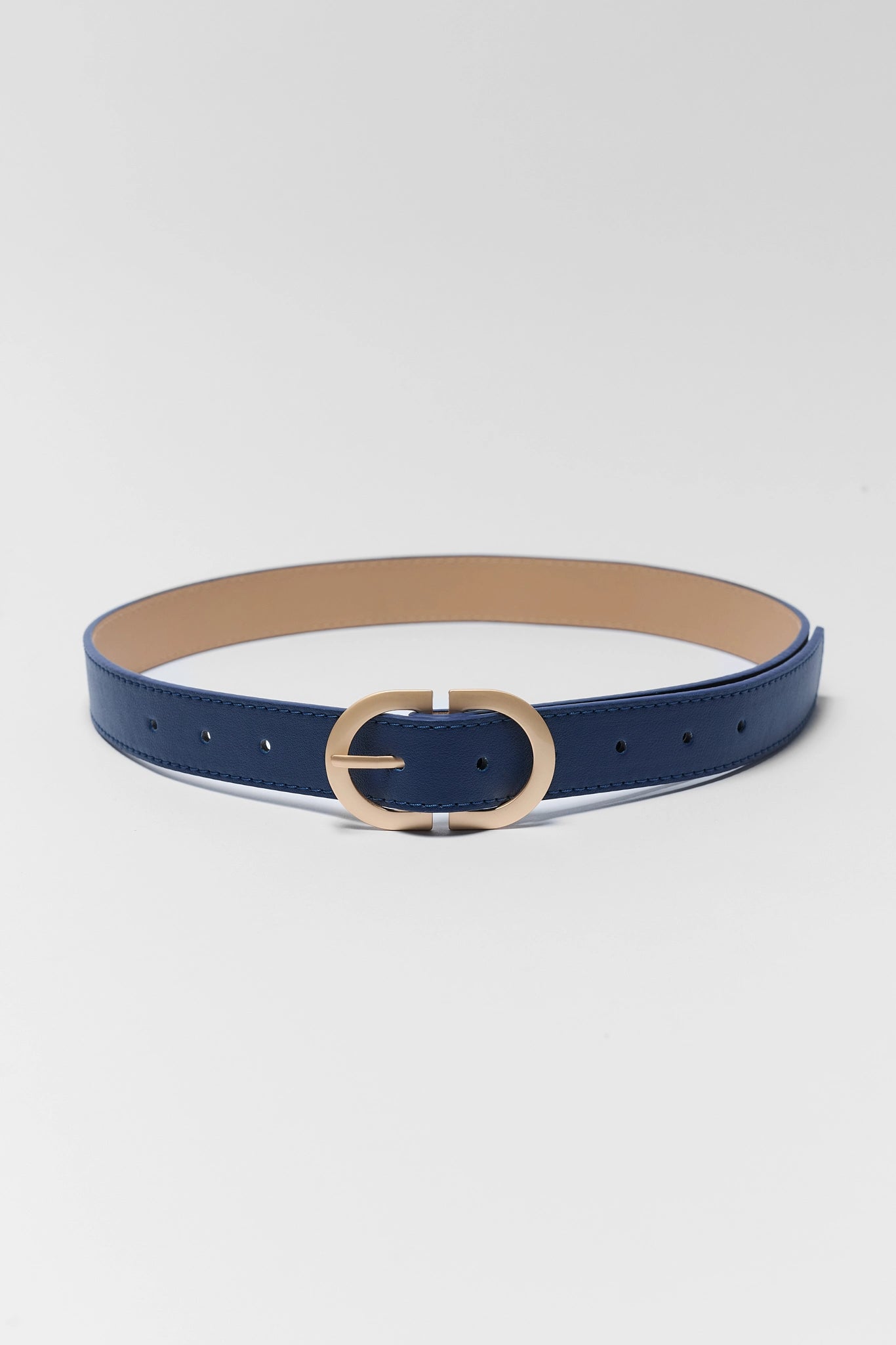 A navy blue leather belt with a gold-tone metal buckle, displayed on a light gray background.