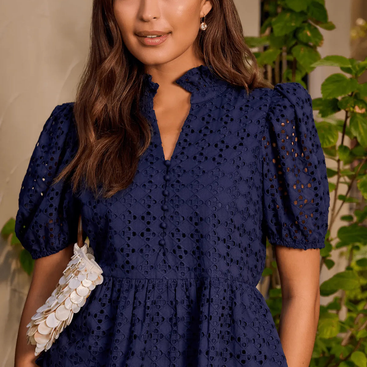 Navy Eyelet Peplum Short Sleeve Top | Avara