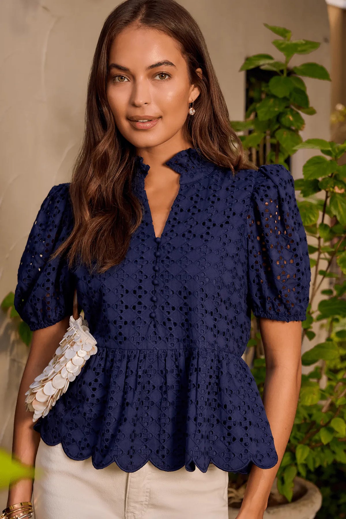 Navy Eyelet Peplum Top | Avara | Avara