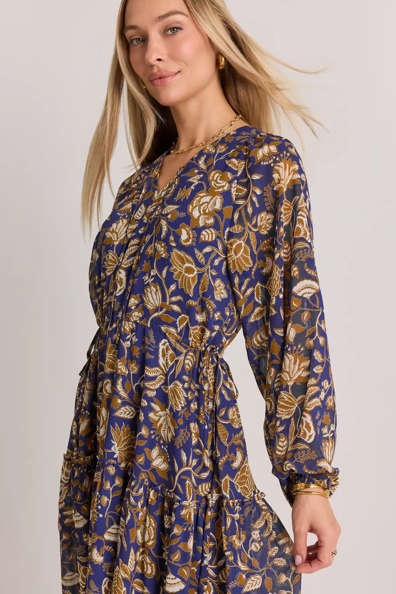 Navy Floral Print Long Sleeve Midi Dress