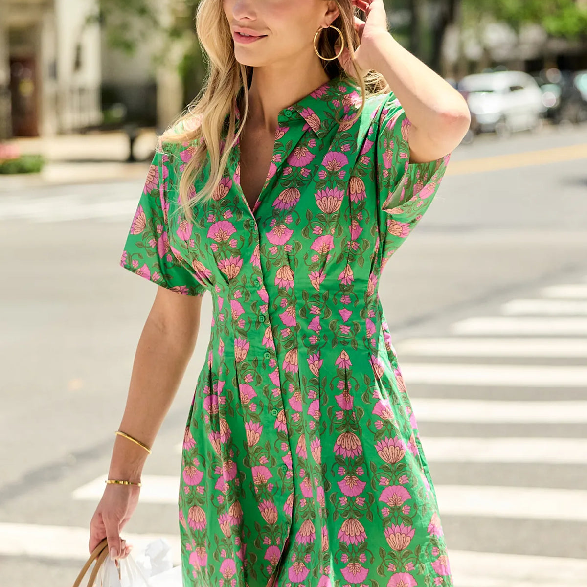 pink green floral dress Women's Button Up Short | Avara Color:Black/Natural Emerging Indian Fashion Designers This sundress is your #butter