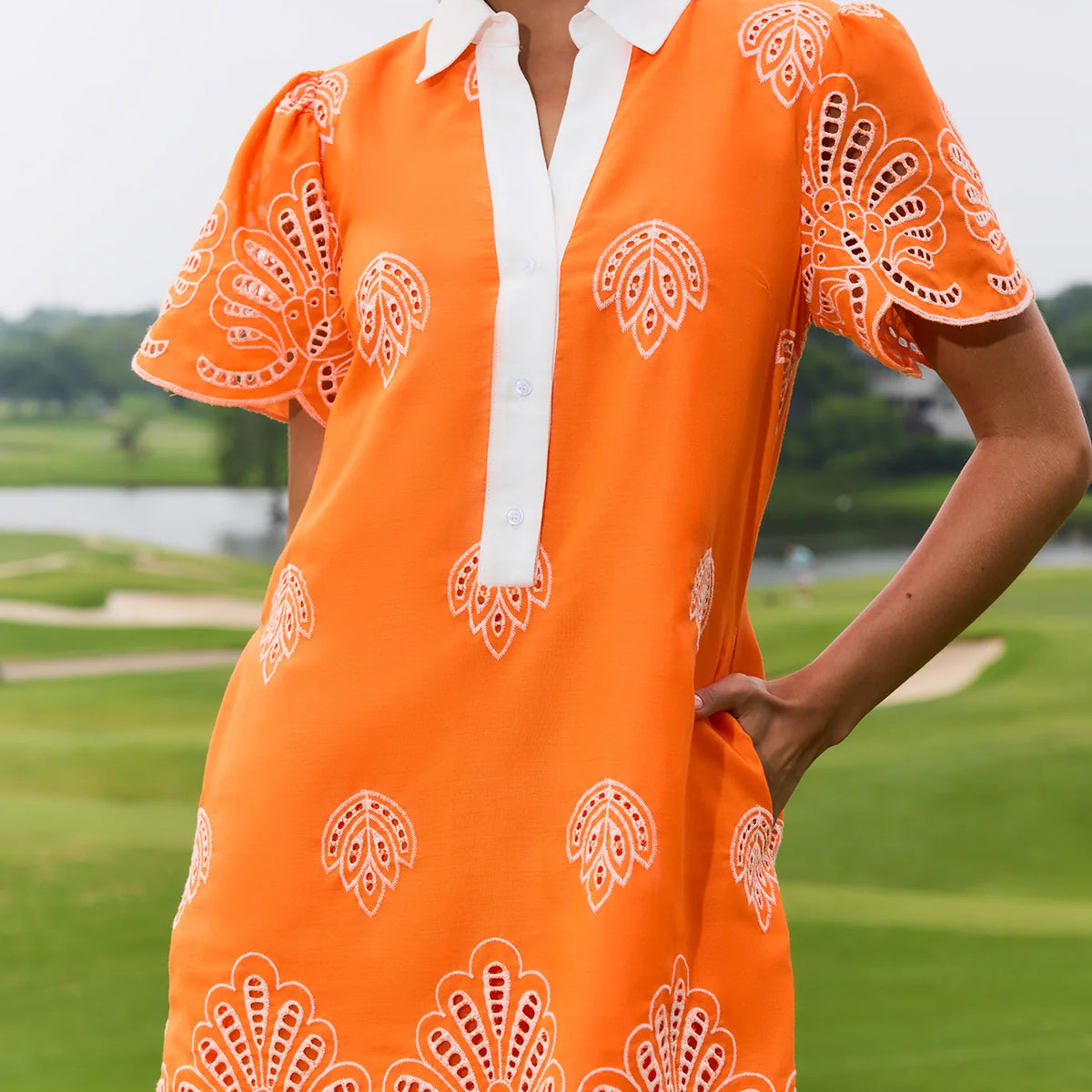 Orange Eyelet Embroidered Short Dress | Women's Clothing
