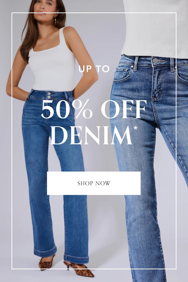 Promotional image of a person wearing blue jeans with text overlay for a denim sale.