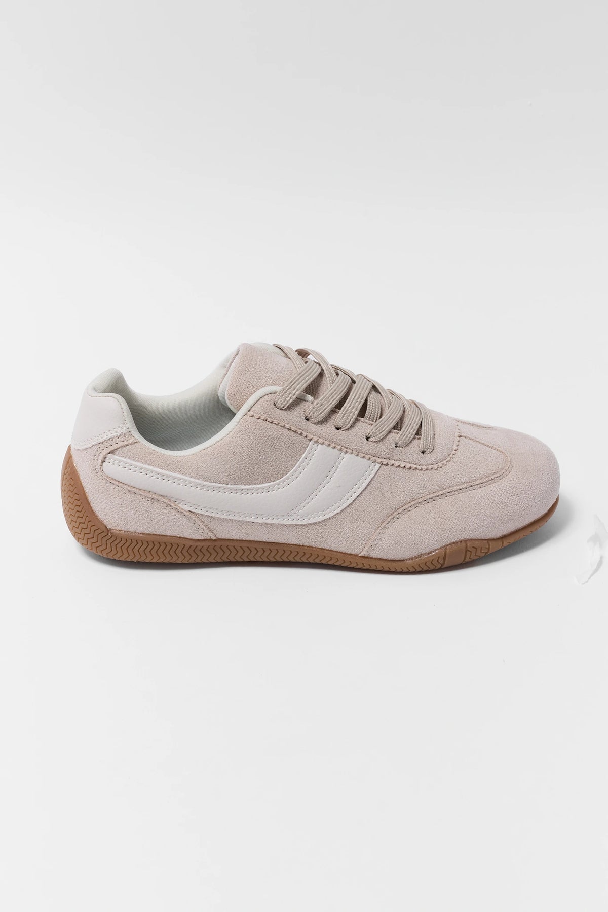 Taupe Suede Low Profile Sneakers - Side Profile with Gum Sole | Avara