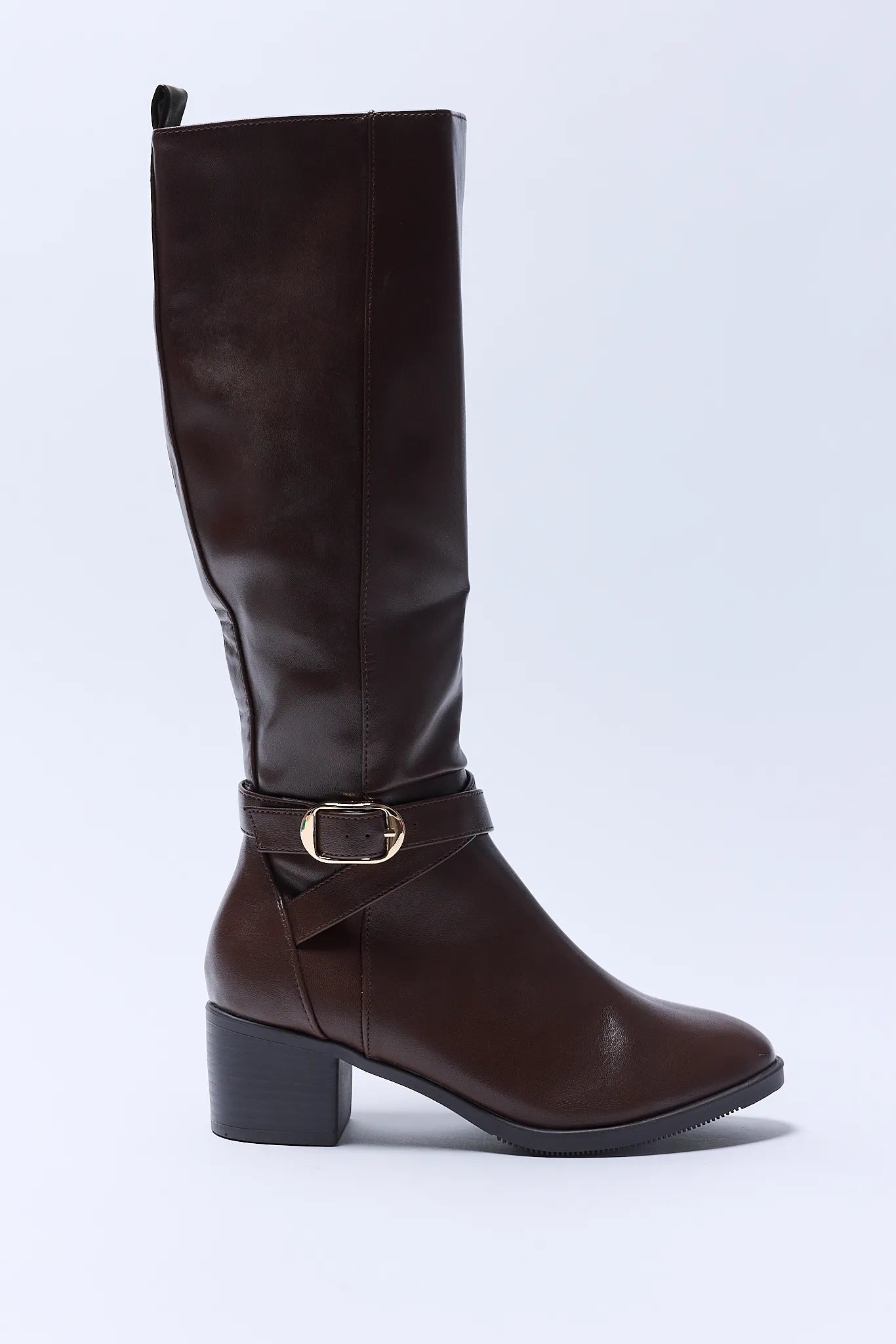 Brown Prudence boot with a buckle on a white background