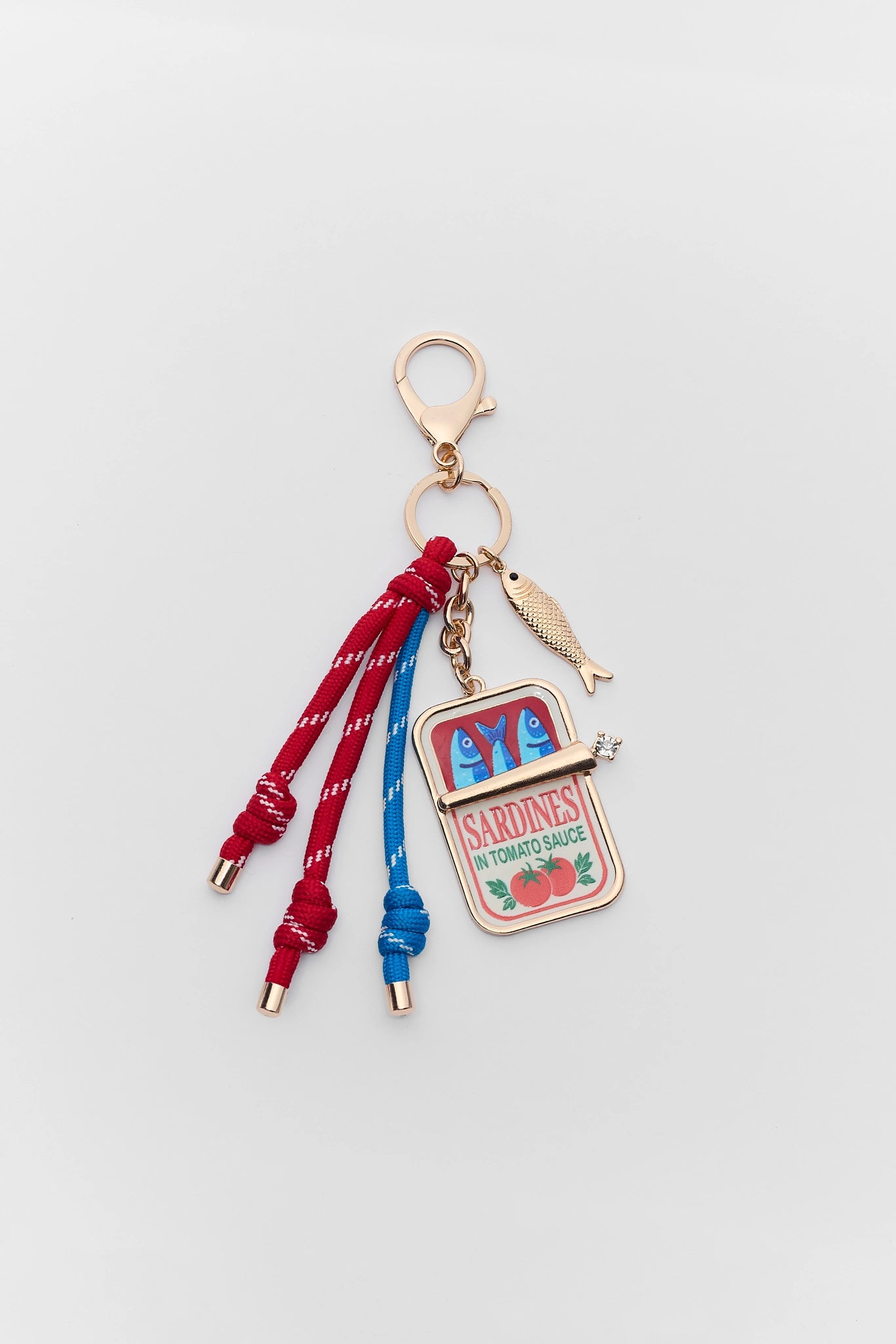 Keychain with a sardine can design on a light gray background