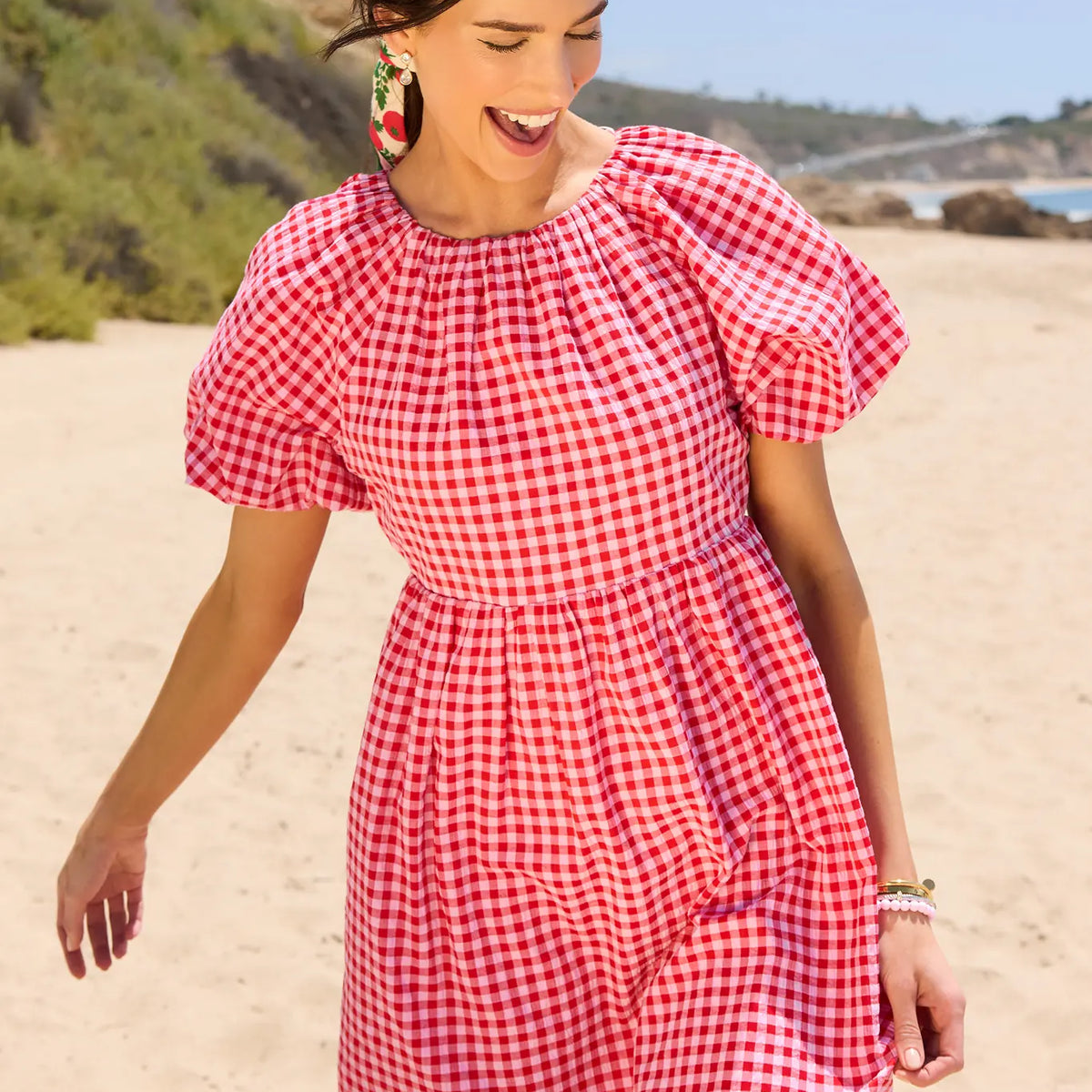 red gingham puff sleeve dress Red & White Gingham Puff Sleeve Midi Dress FINAL SALE MEDIUM