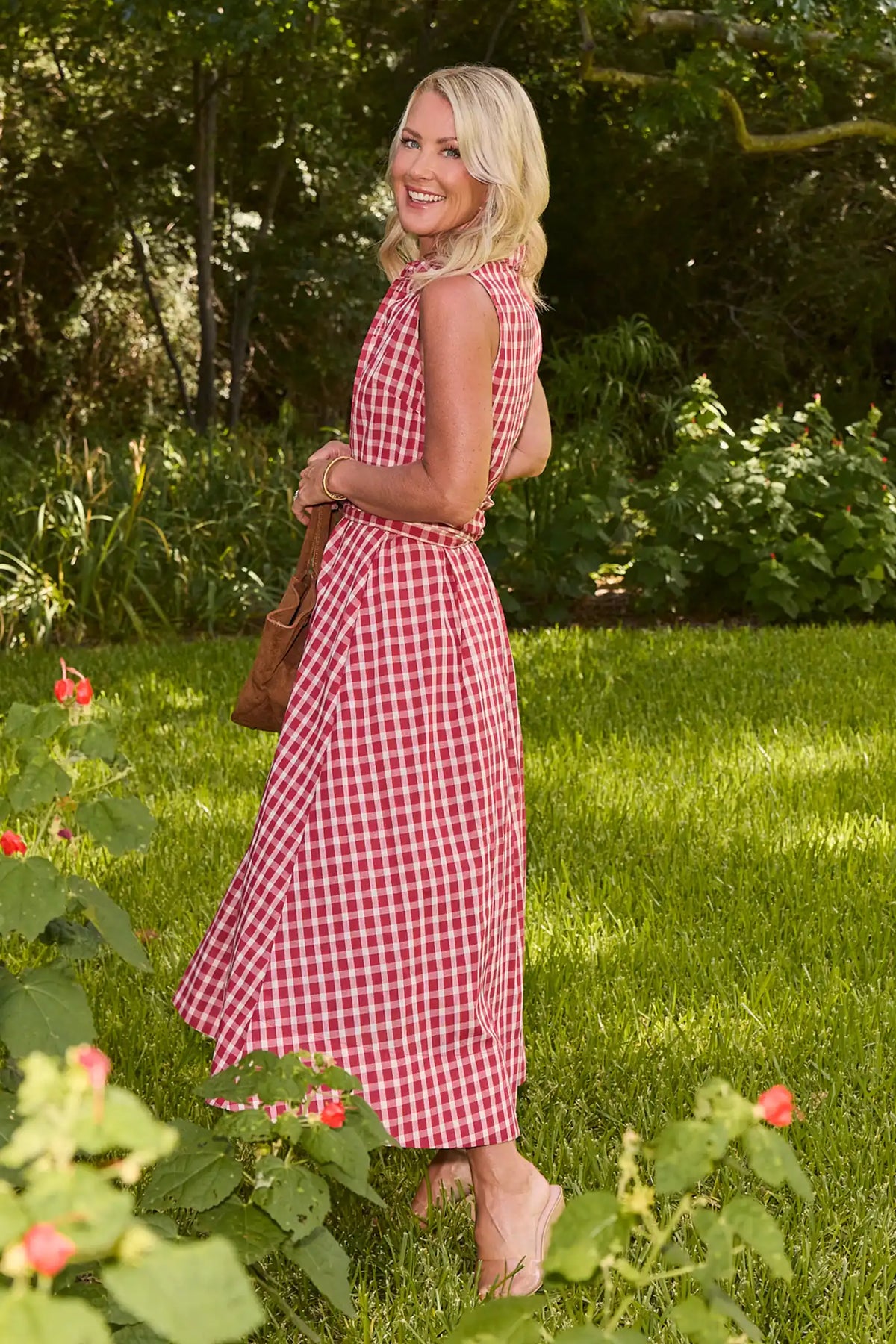 Red Gingham Tie Waist Midi Dress