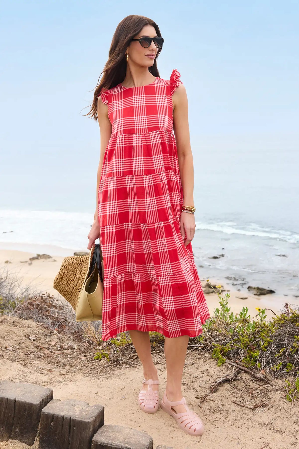 Red Plaid Flutter Sleeve Midi Dress