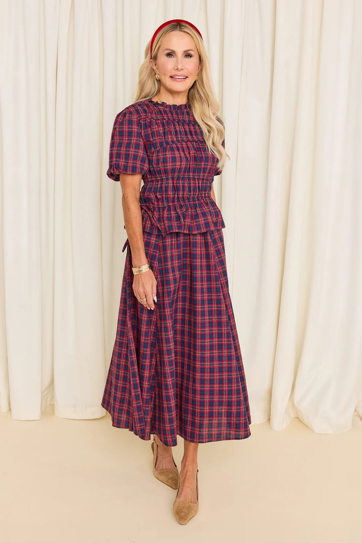 Red Plaid Pleated Midi Skirt