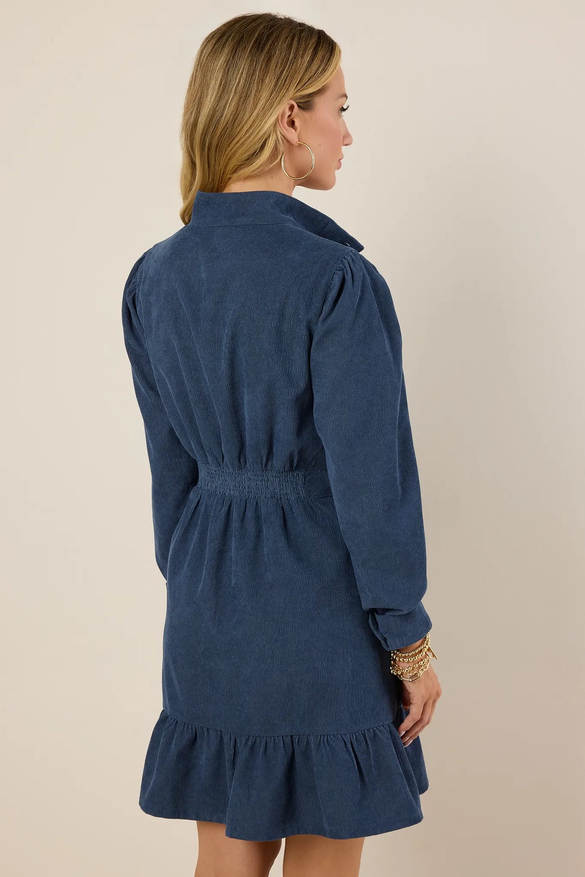 slate blue long sleeve dress Slate Blue Bishop Sleeve Printed Cotton A-Line Dress
