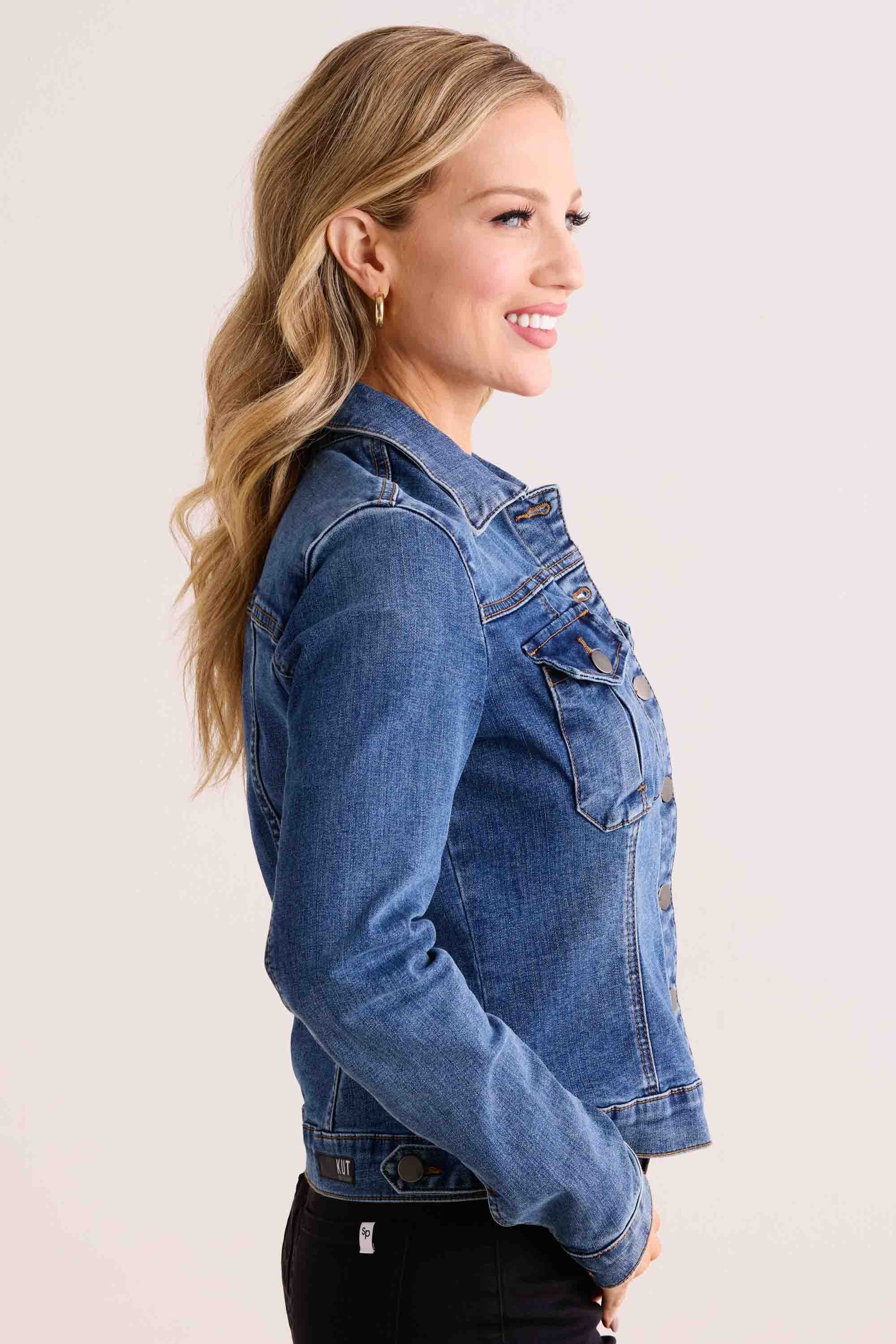 Kut from the Kloth Amelia Denim Jean cheapest Jacket Women Large Button Up Chest Pockets