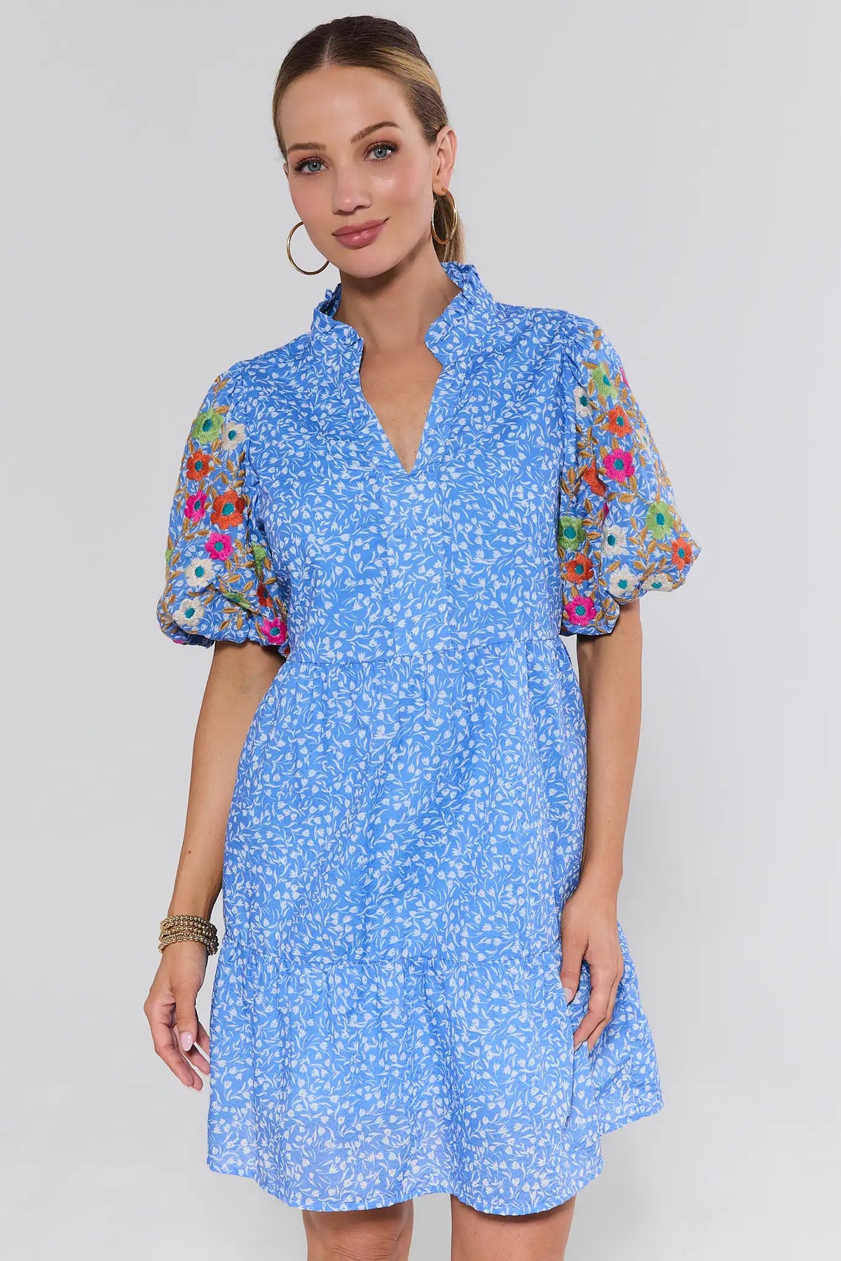 Sue Ann Blue Floral Short Dress | Women's Clothing