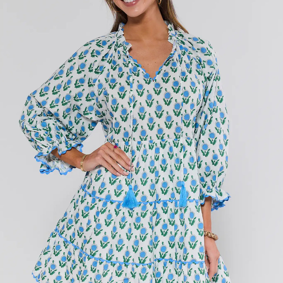 camilla dress blue Shirred floral cotton maxi dress in blue - Camilla