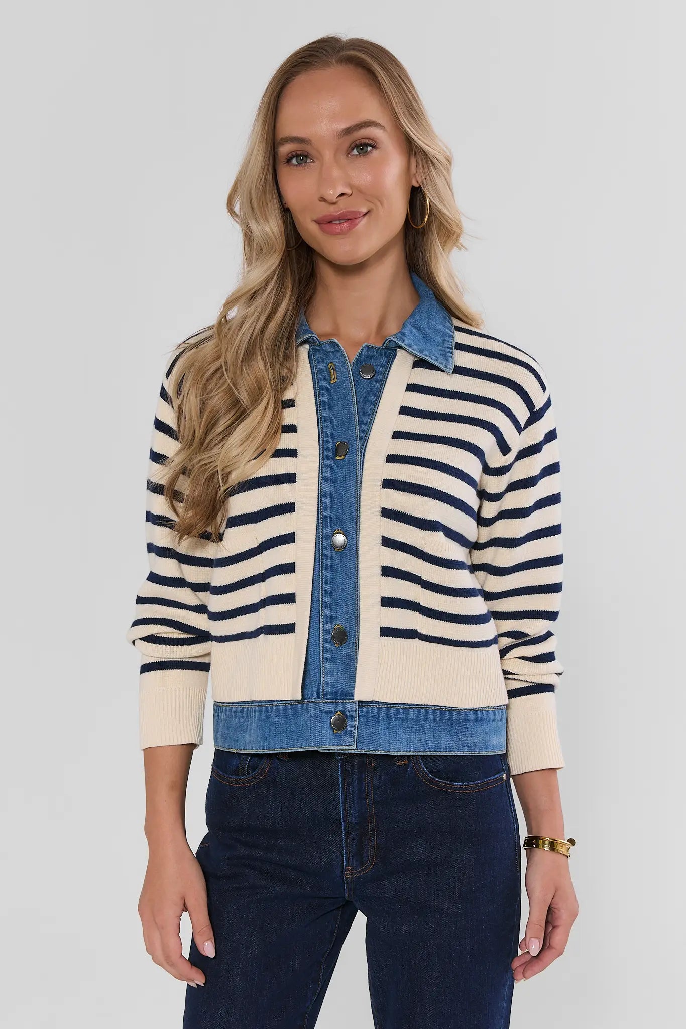 Asher Ivory Striped Denim Trim Cardigan