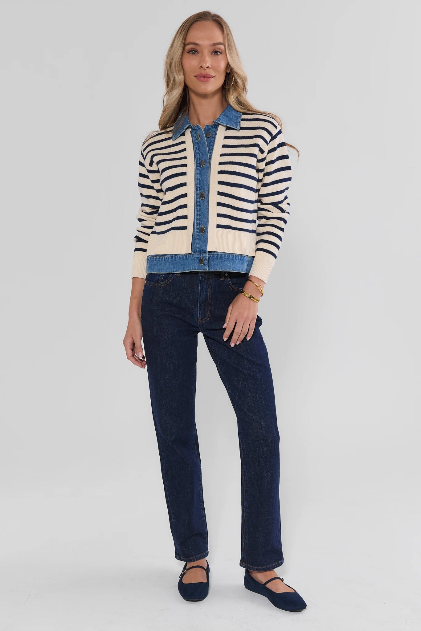Asher Ivory Striped Denim Trim Cardigan