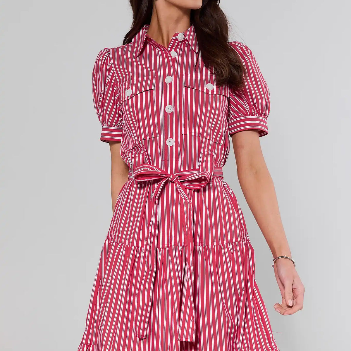 red and white shirt dress Women's White/red floral Tie-belt Shirt Dress