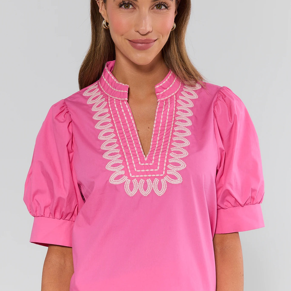 Lilith Pink Embroidered Puff Sleeve Top | Avara