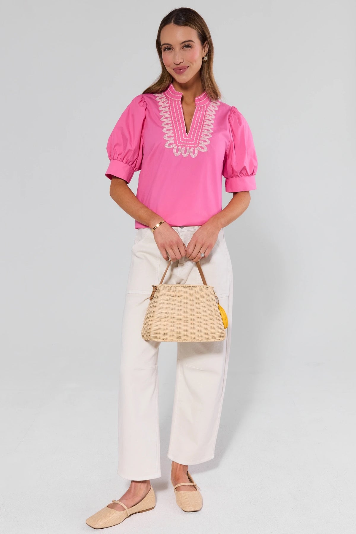 Lilith Pink Embroidered Puff Sleeve Top | Avara