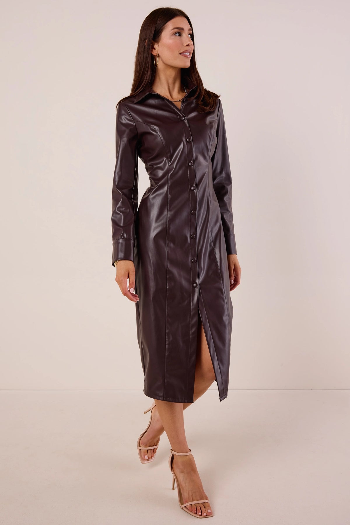 long leather dress with sleeves Handmade Black Lambskin Leather Long Dress, Cocktail Long Sleeve High Neck Full Length Dress