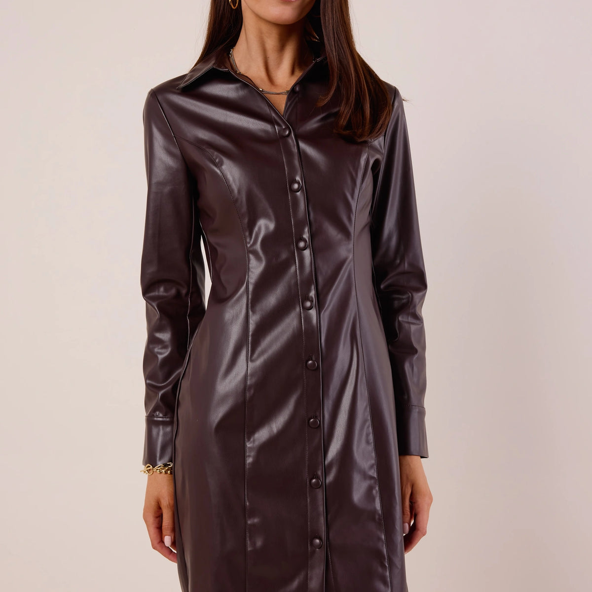 faux leather long sleeve dress Rena Brown | Women's Clothing Light Blue Formal Dress Tulle_Maternity_Gown button closure Sleeve Length:Standard - 37