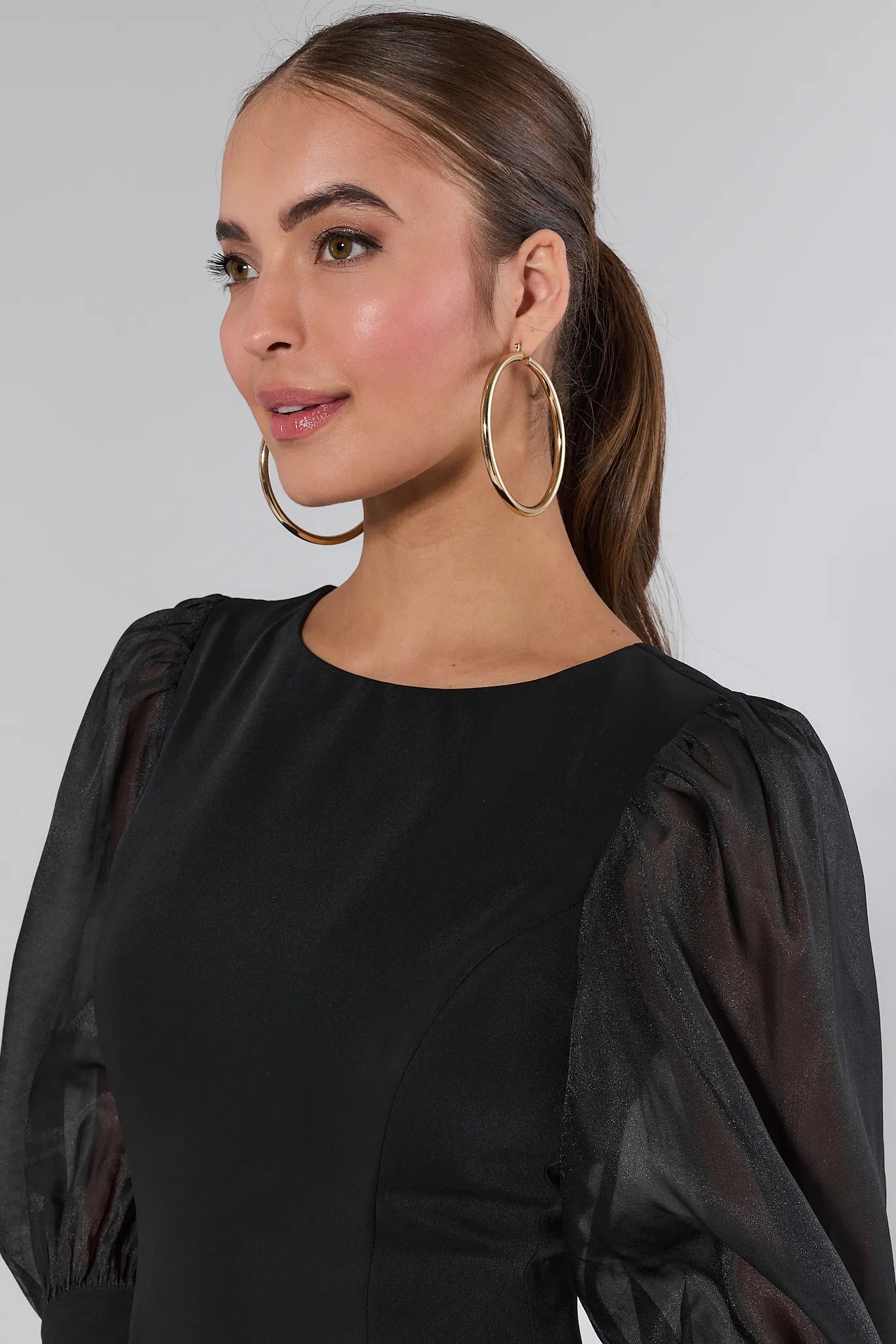 Woman wearing a black Veronica Dress with sheer sleeves against a plain background