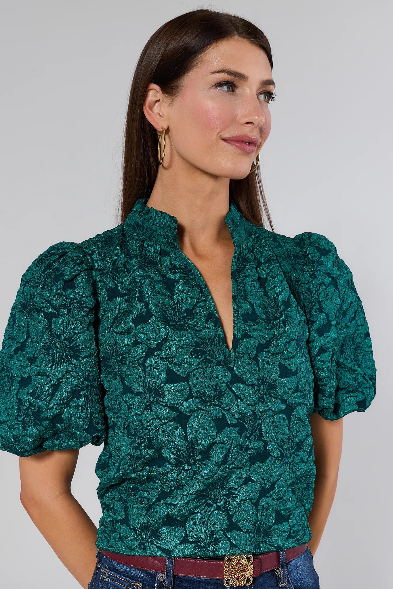women wearing Teresa Green Floral Top on white background