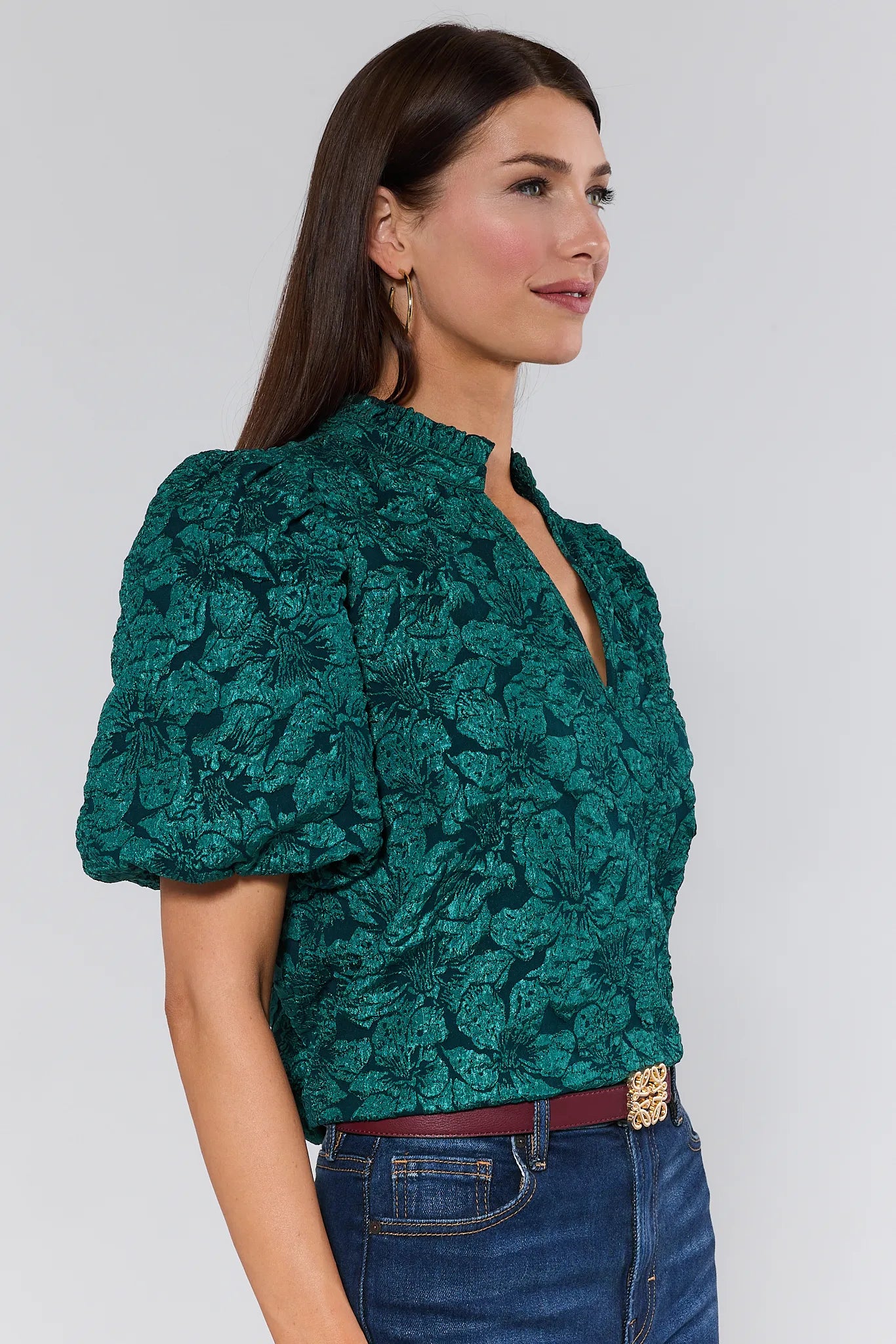 women wearing Teresa Green Floral Top on white background