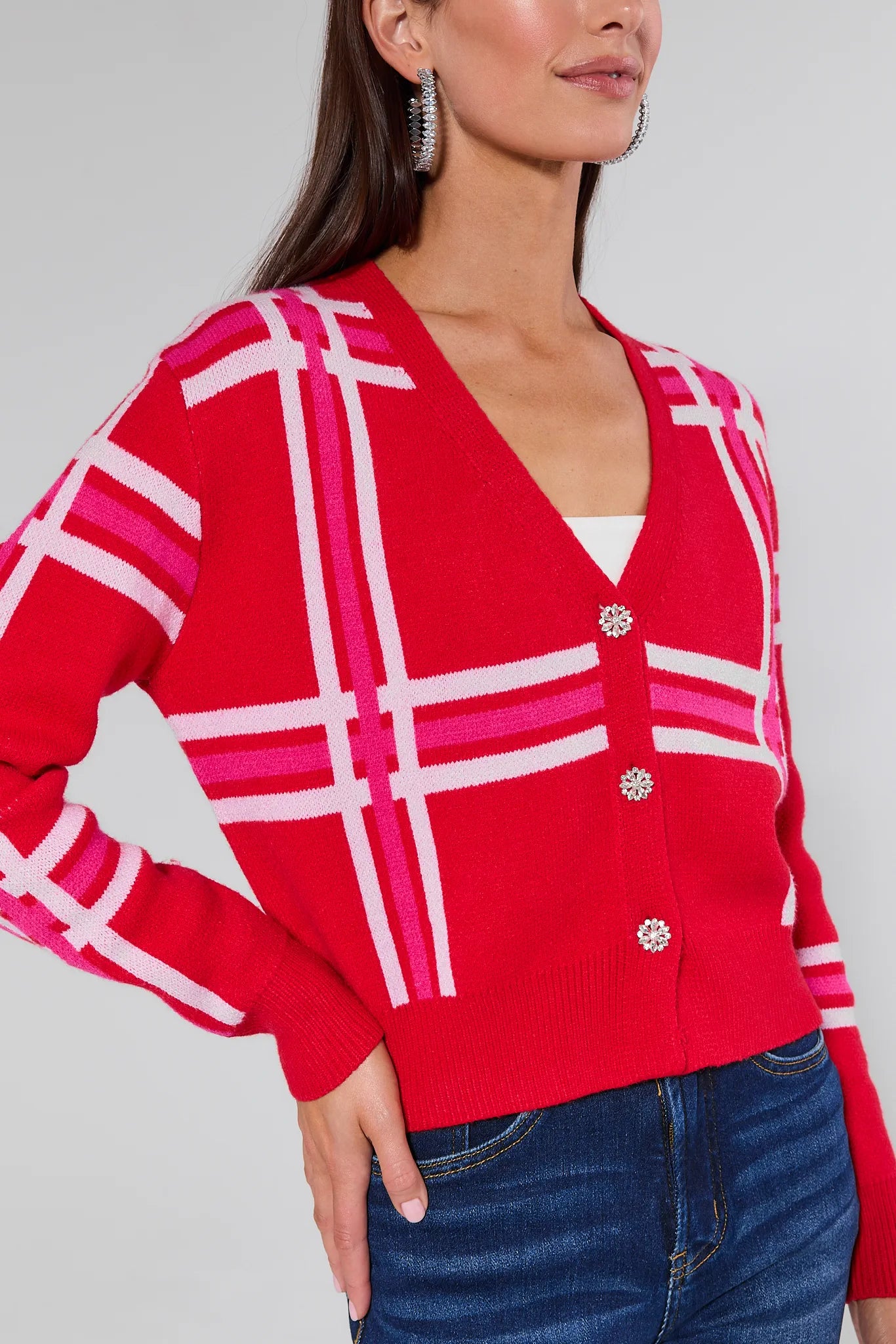  Juliette Red Plaid Knit Cardigan