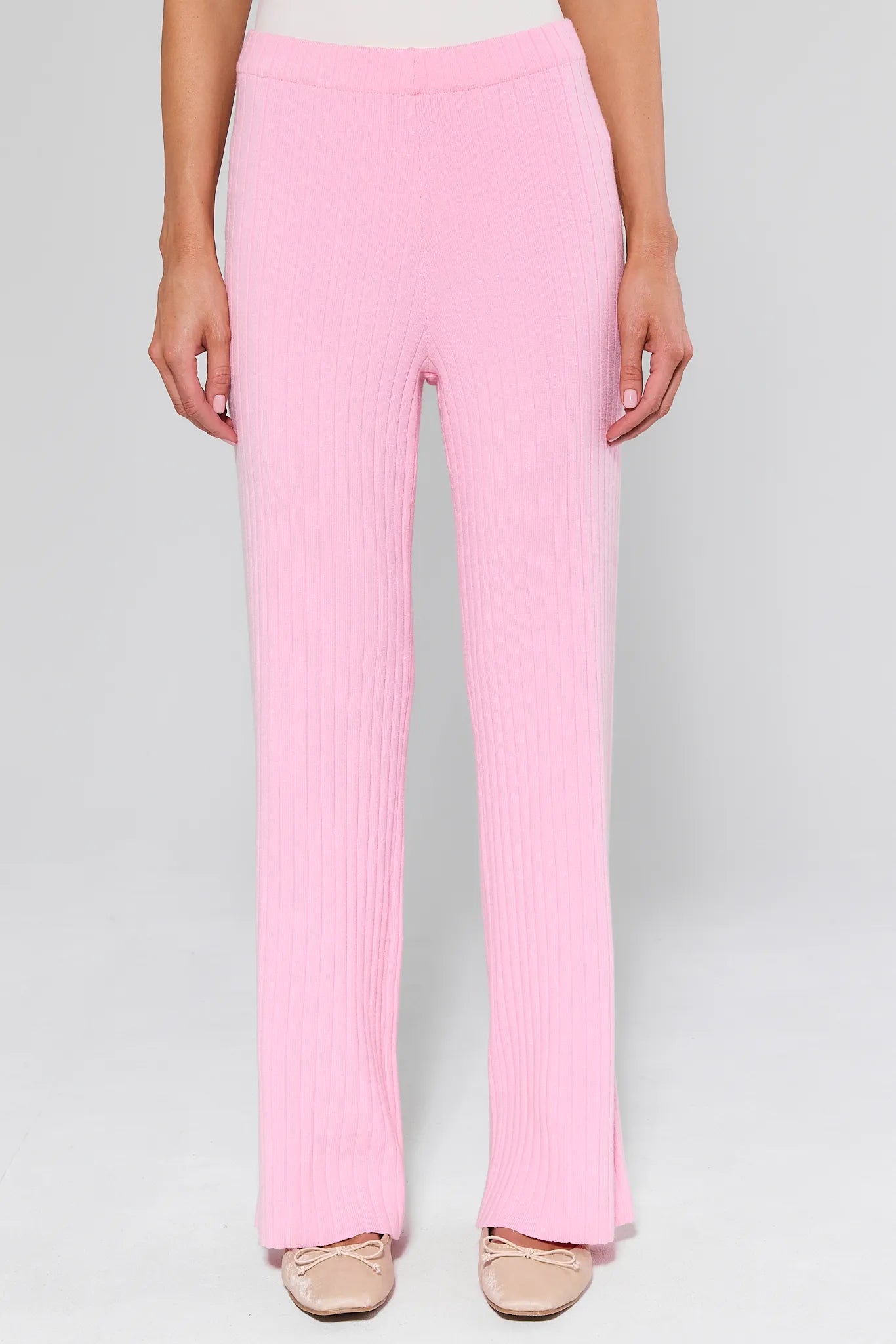 Brianna Pink Ribbed Pants on a gray background