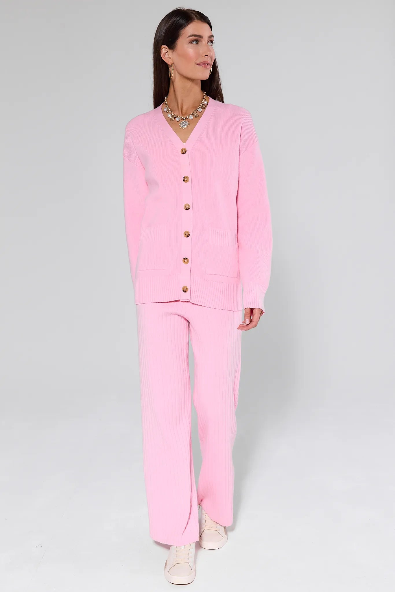 Brianna Pink Ribbed Pants on a gray background