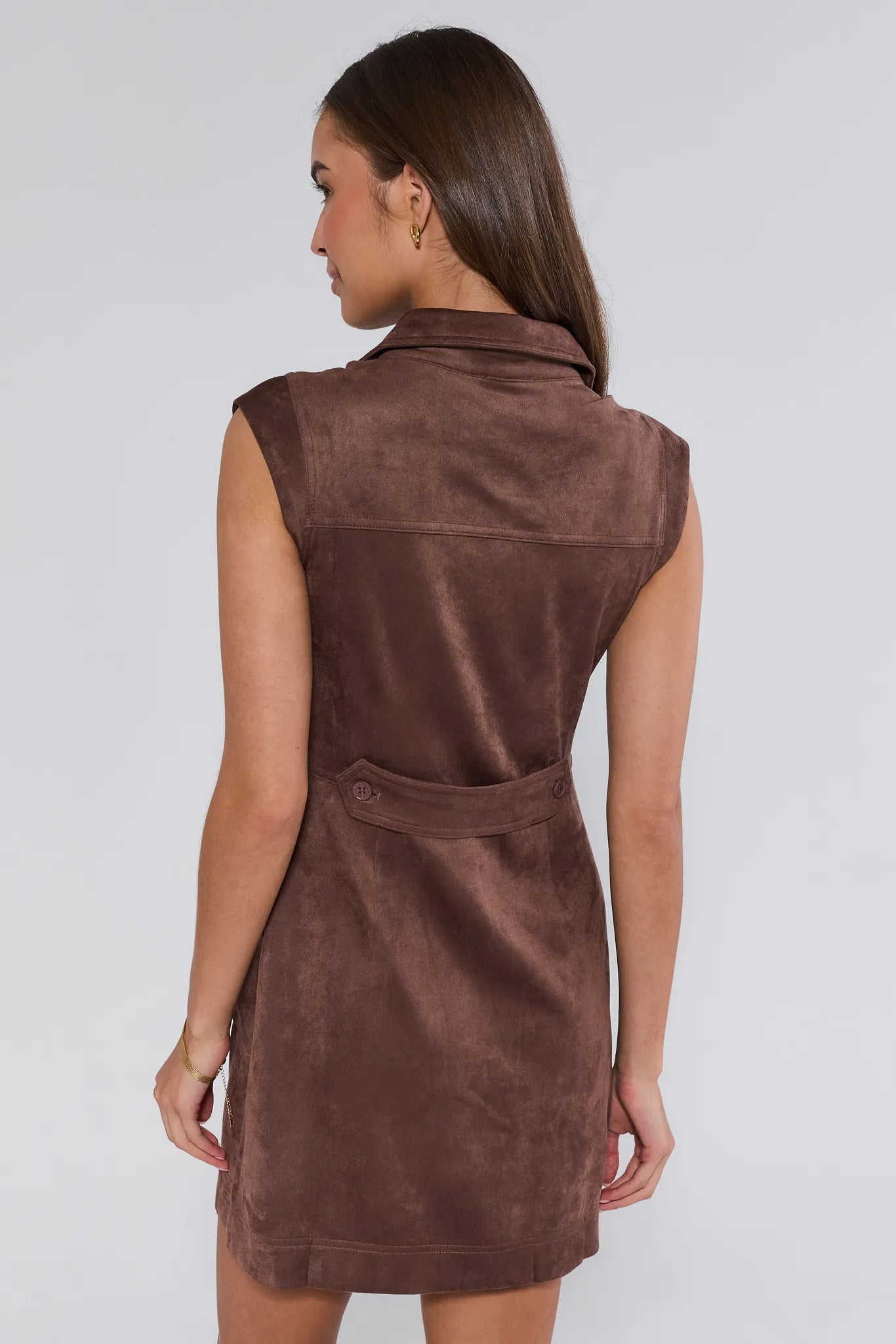 Brown suede Kenzie Dress worn by a model on a white background