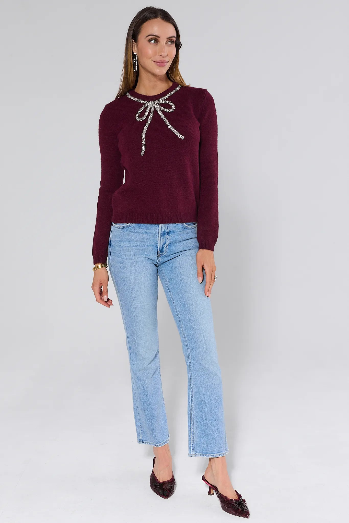 Rita Burgundy Embellished Bow Sweater