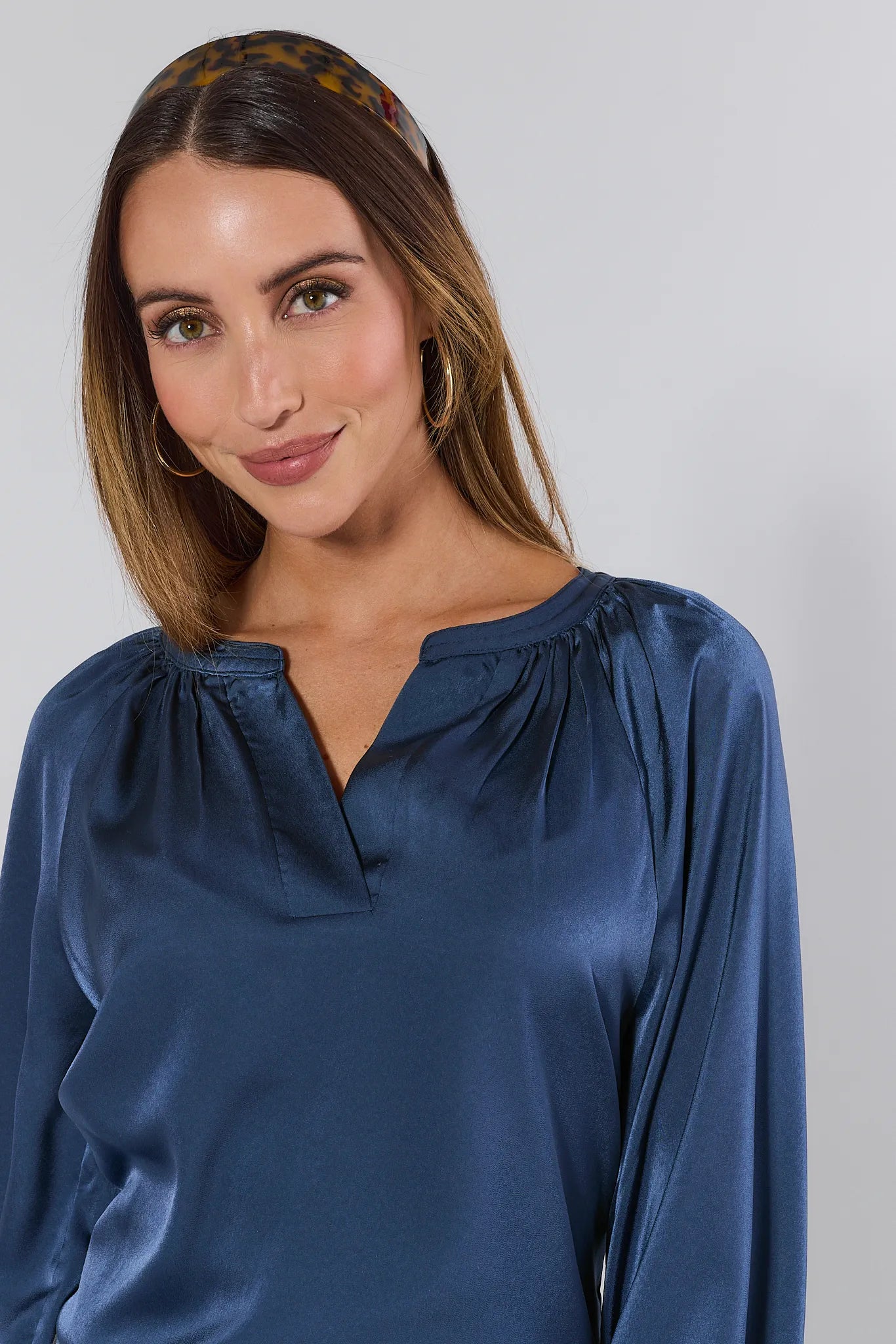 Lizette Navy Satin Long Sleeve Top