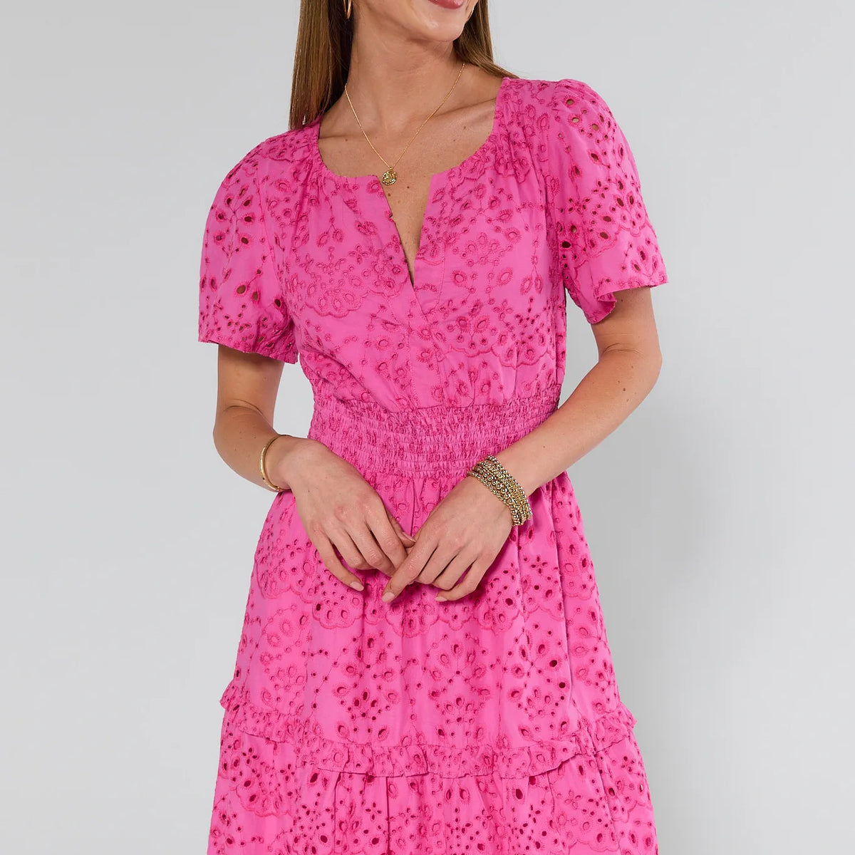 open lace back dress Gina Pink Eyelet Maxi Dress