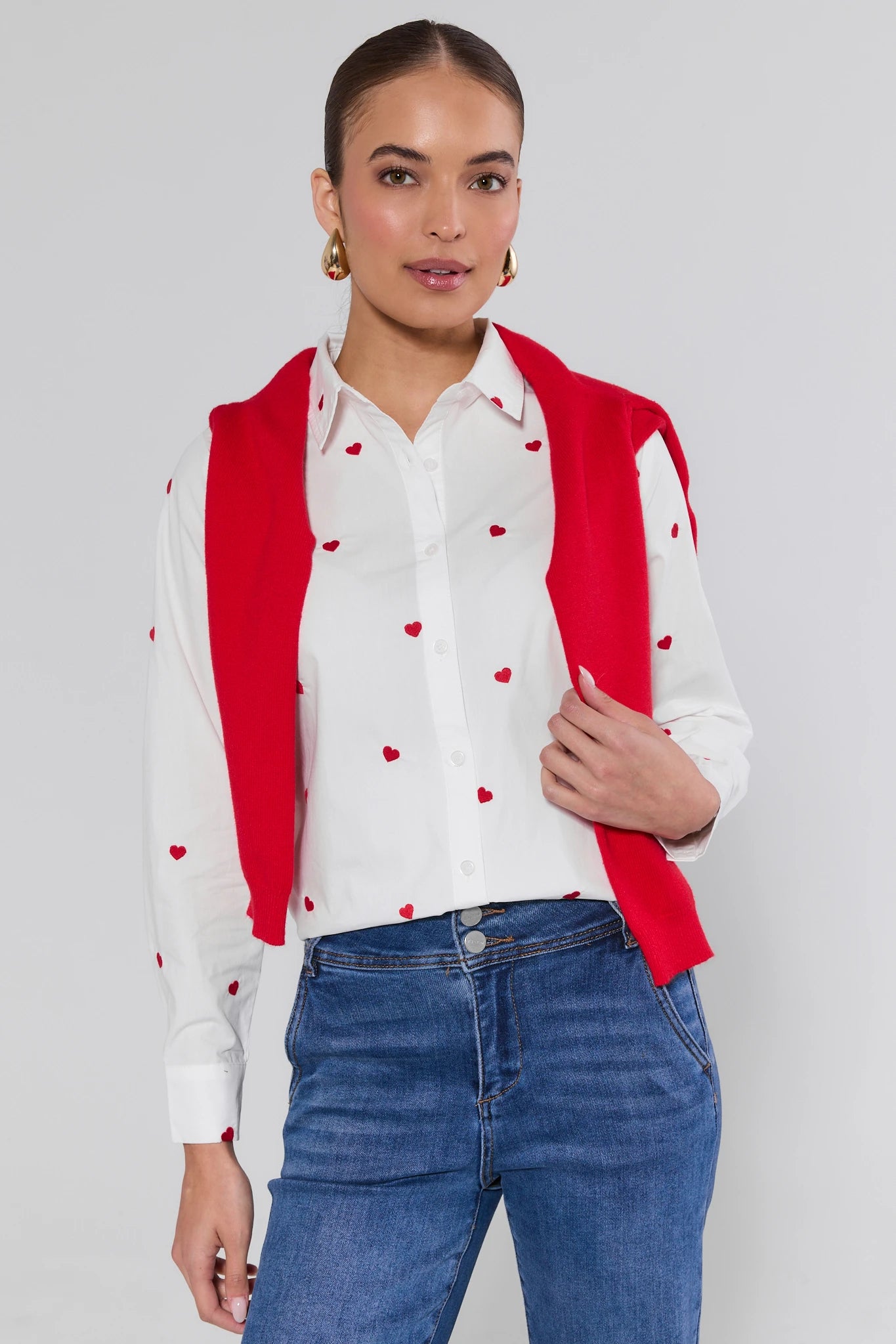 Allie White Heart Button Up Top