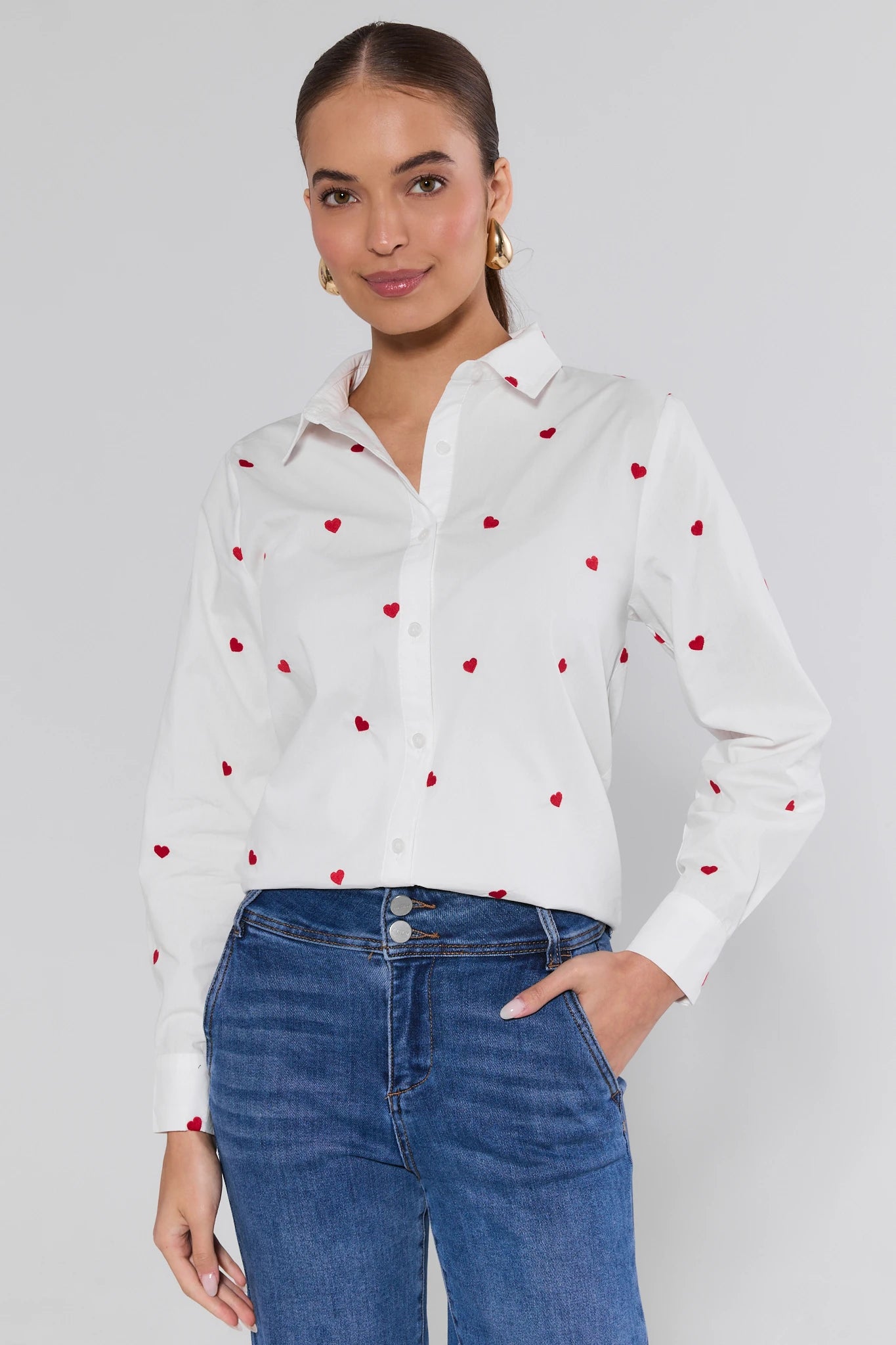 Allie White Heart Button Up Top