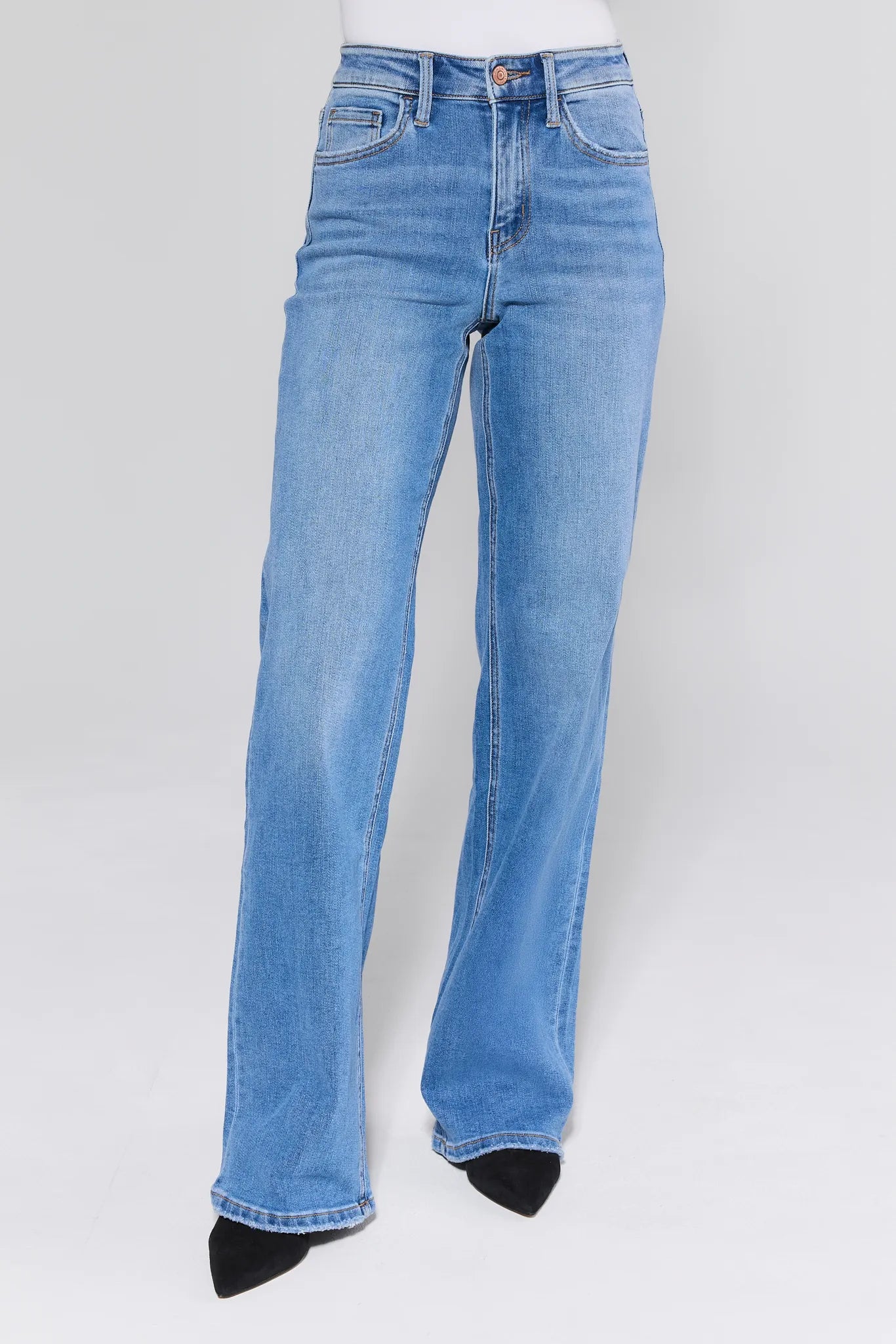 Brighton Medium Wash Straight Leg Jeans worn by a person on a white background