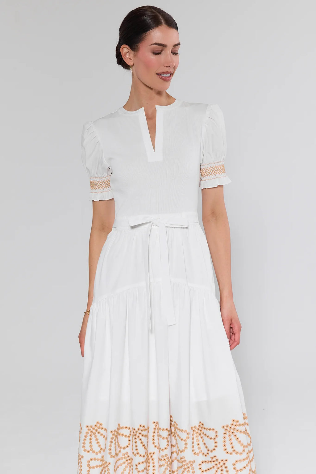 knee length dresses for ladies Virginia Suiting Embroidered Midi Dress / White | Meshki