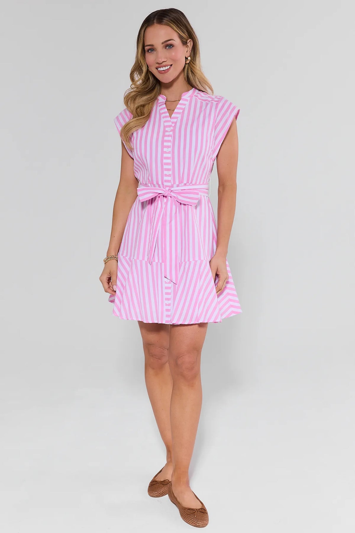 pink short sleeve shirt dress Pink Stripe Cotton Pleated Shirt Dress - Midi Dresses