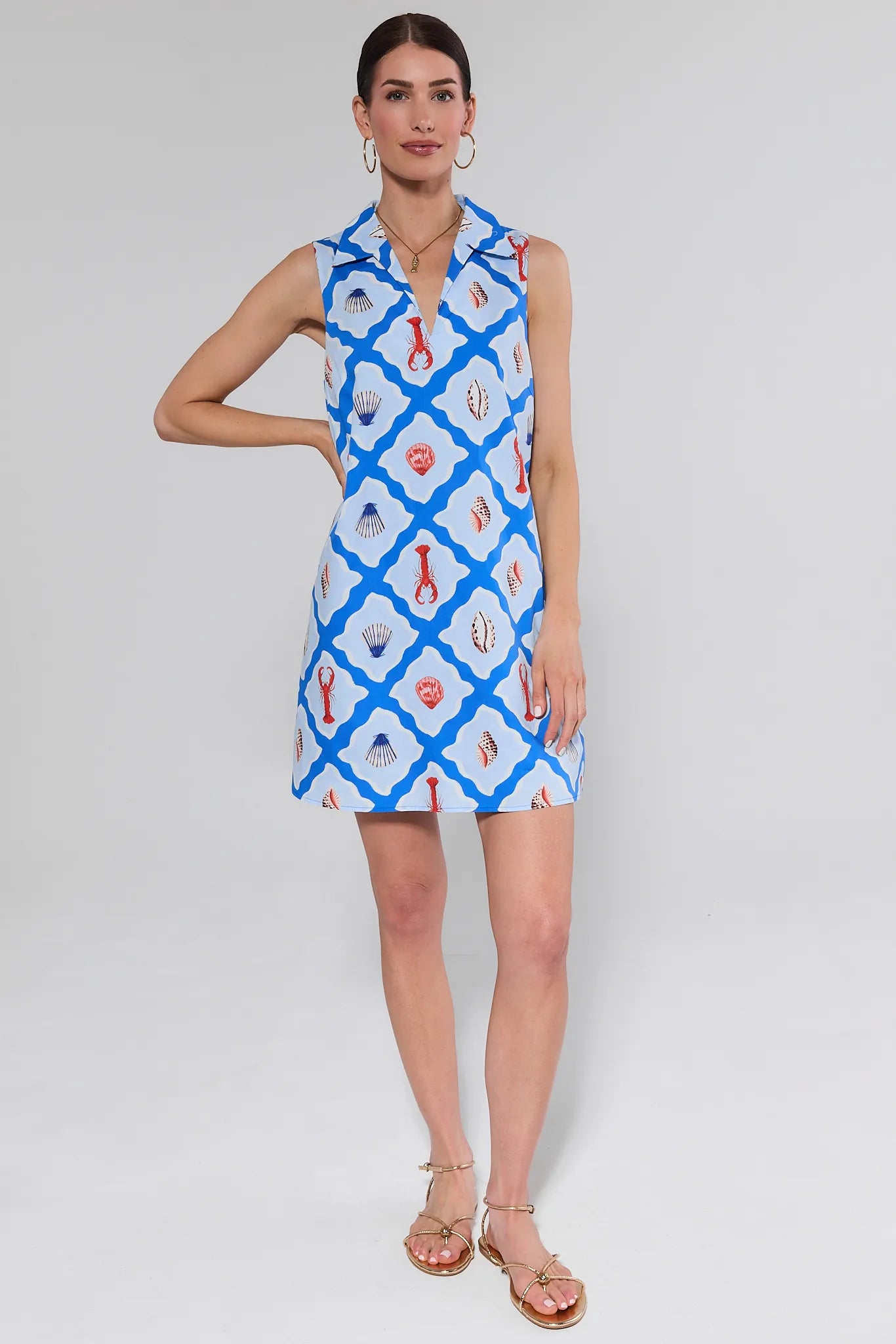 Woman wearing a sleeveless dress with a blue geometric pattern on a white background