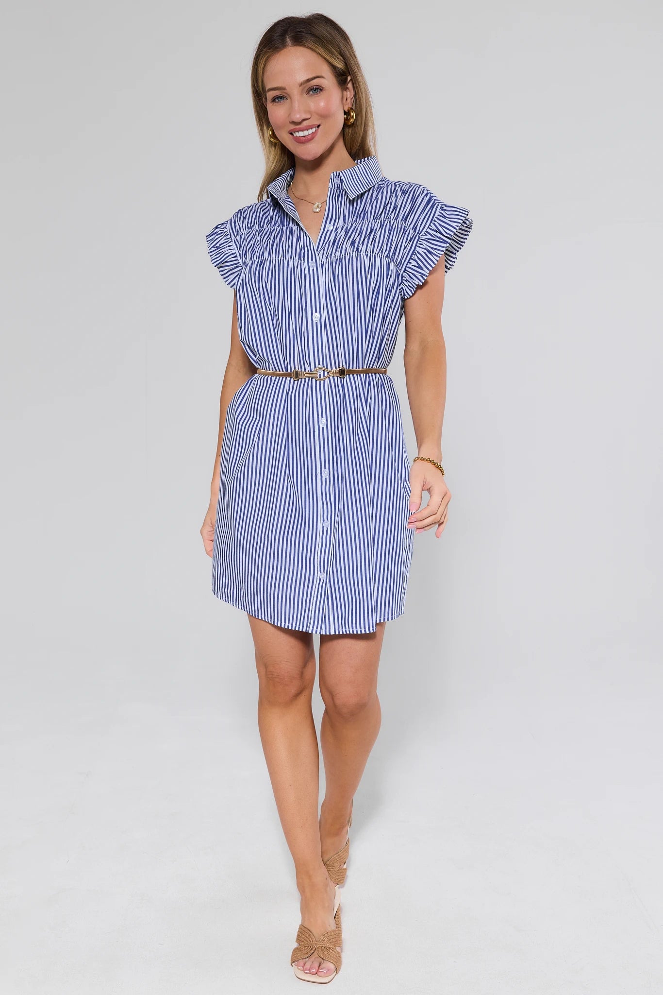 navy blue and white striped dress Neacie Navy Striped Short Dress | Women's Clothing