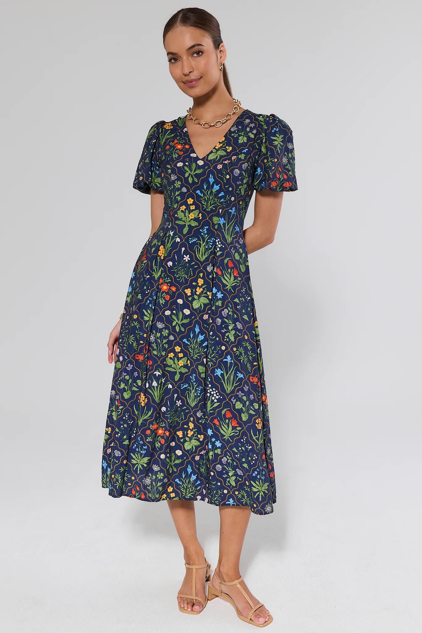 Woman wearing a floral dress on a white background