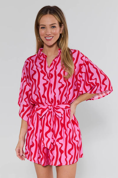 pink romper dress Mitzi Pink Printed Belted Romper | Women's Clothing