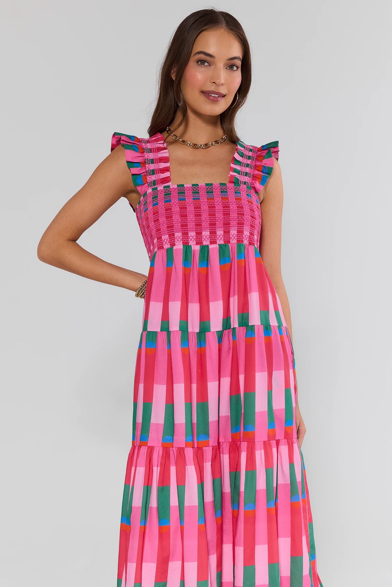 blue and pink midi dress SLEEVELESS MIDI WITH RUFFLES - BLUE PINK PLAID main image 0
