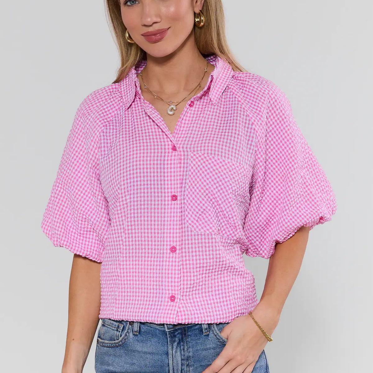 トップス andmary Ava gingham check tops / pink Ashton Pink Gingham Short Sleeve Top | Avara